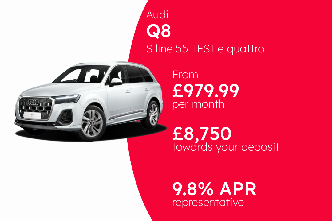 Audi Q8 S line 55 TFSI e quattro - tiptronic PCP Finance Offer From £979.99 Per Month. 9.80% APR Representative.