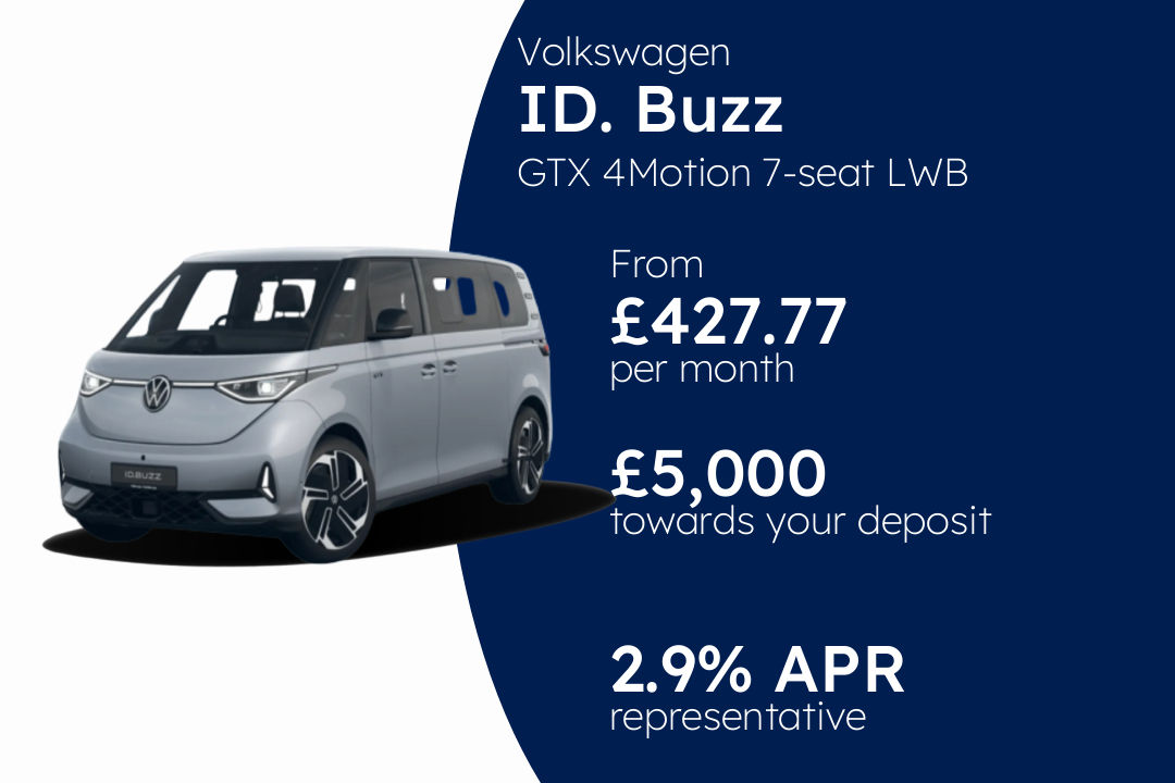 Volkswagen Id. Buzz GTX 4Motion 7-seat LWB 86 kWh Pro 340 PS Electric 1 Speed Automatic PCP Finance Offer From £427.77 Per Month. 2.90% APR Representative.