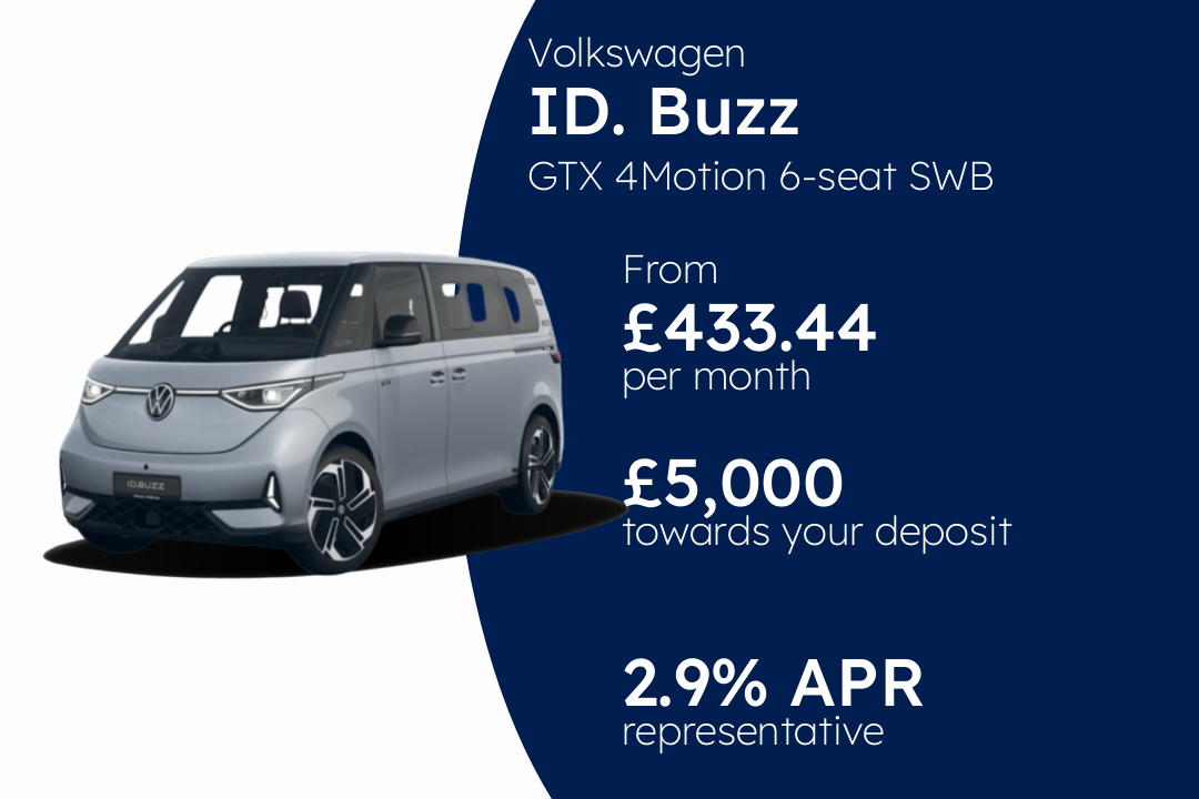 Volkswagen Id. Buzz GTX 4Motion 6-seat SWB 79 kWh Pro 340 PS Electric 1 Speed Automatic PCP Finance Offer From £433.44 Per Month. 2.90% APR Representative.