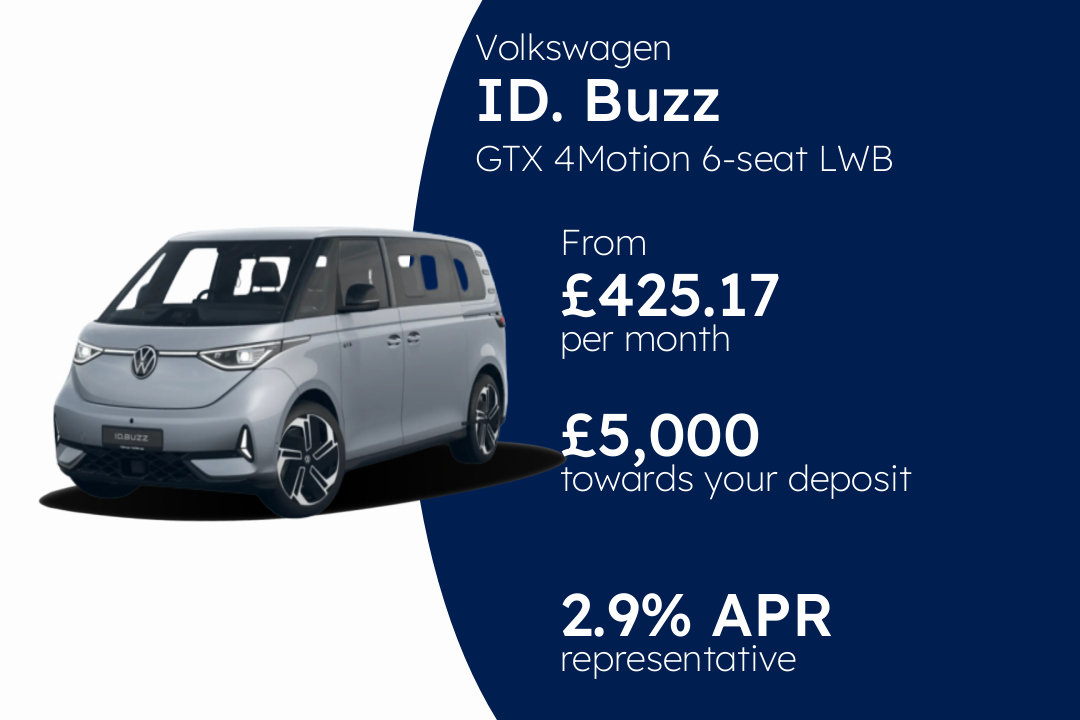 Volkswagen Id. Buzz GTX 4Motion 6-seat LWB 86 kWh Pro 340 PS Electric 1 Speed Automatic PCP Finance Offer From £425.17 Per Month. 2.90% APR Representative.