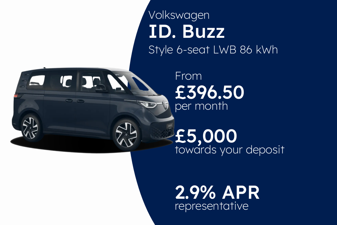 Volkswagen Id. Buzz Style 6-seat LWB 86 kWh Pro 286 PS Electric 1 Speed Automatic PCP Finance Offer From £396.50 Per Month. 2.90% APR Representative.