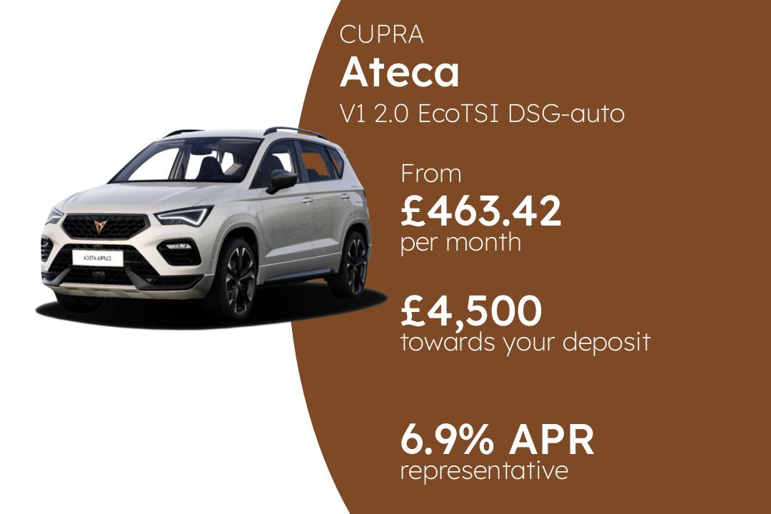 CUPRA Ateca V1 2.0 EcoTSI DSG-auto 4Drive 190PS PCP Finance Offer From £463.42 Per Month. 6.90% APR Representative.