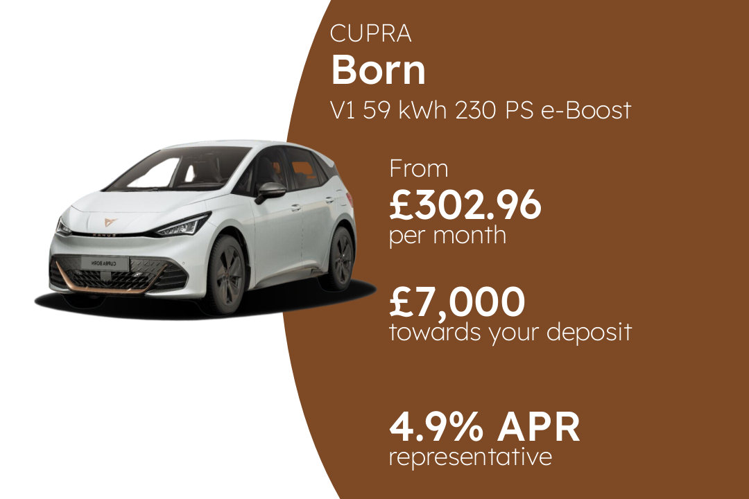 CUPRA Born V1 59 kWh 230 PS e-Boost PCP Finance Offer From £302.96 Per Month. 4.90% APR Representative.