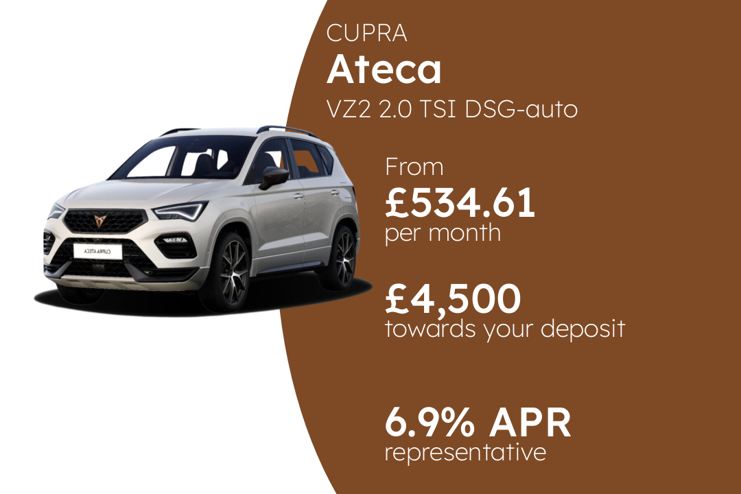 CUPRA Ateca VZ2 2.0 TSI DSG-auto 4Drive 300PS PCP Finance Offer From £534.61 Per Month. 6.90% APR Representative.