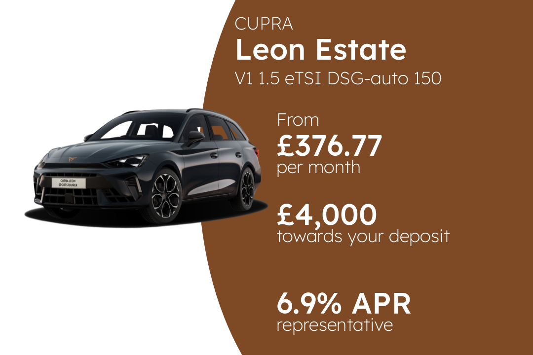 CUPRA Leon Estate V1 1.5 eTSI DSG-auto 150 PS PCP Finance Offer From £376.77 Per Month. 6.90% APR Representative.