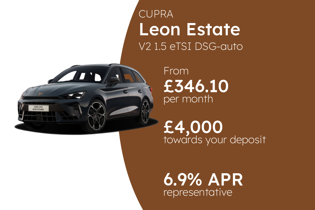 CUPRA Leon Estate V2 1.5 eTSI DSG-auto 150PS PCP Finance Offer From £346.10 Per Month. 6.90% APR Representative.