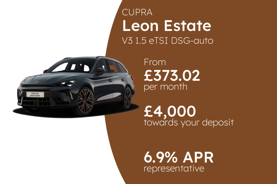 CUPRA Leon Estate V3 1.5 eTSI DSG-auto 150PS PCP Finance Offer From £373.02 Per Month. 6.90% APR Representative.