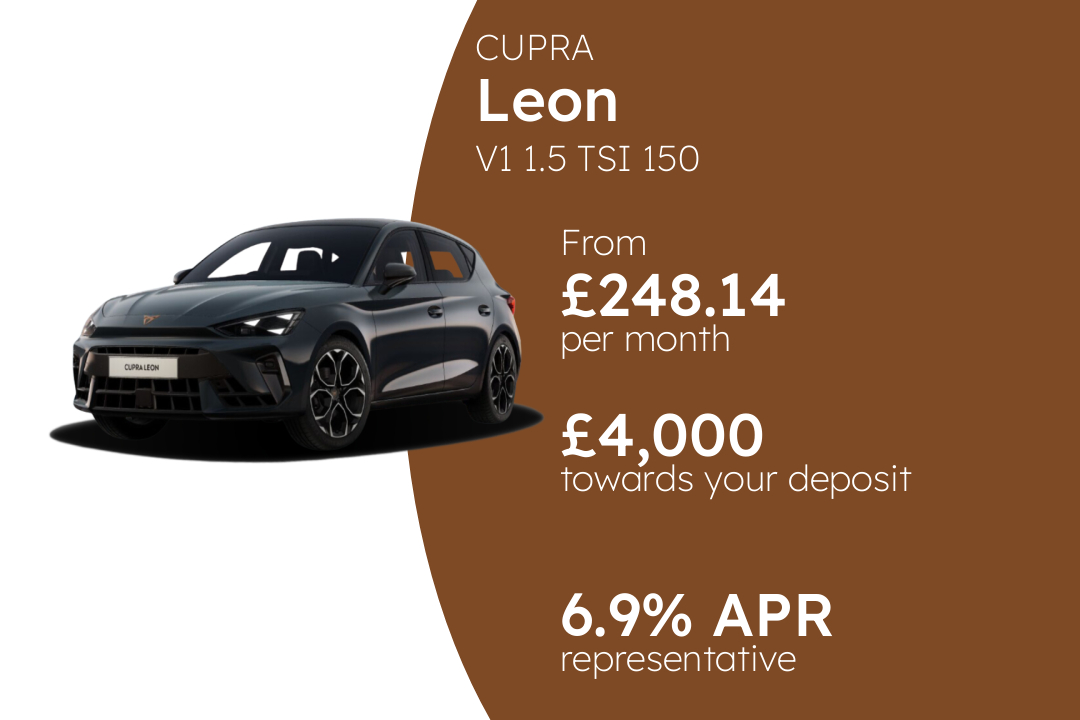 CUPRA Leon V1 1.5 TSI 150 PCP Finance Offer From £248.14 Per Month. 6.90% APR Representative.