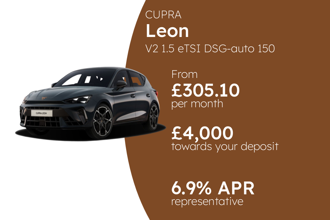 CUPRA Leon V2 1.5 eTSI DSG-auto 150 PCP Finance Offer From £305.10 Per Month. 6.90% APR Representative.