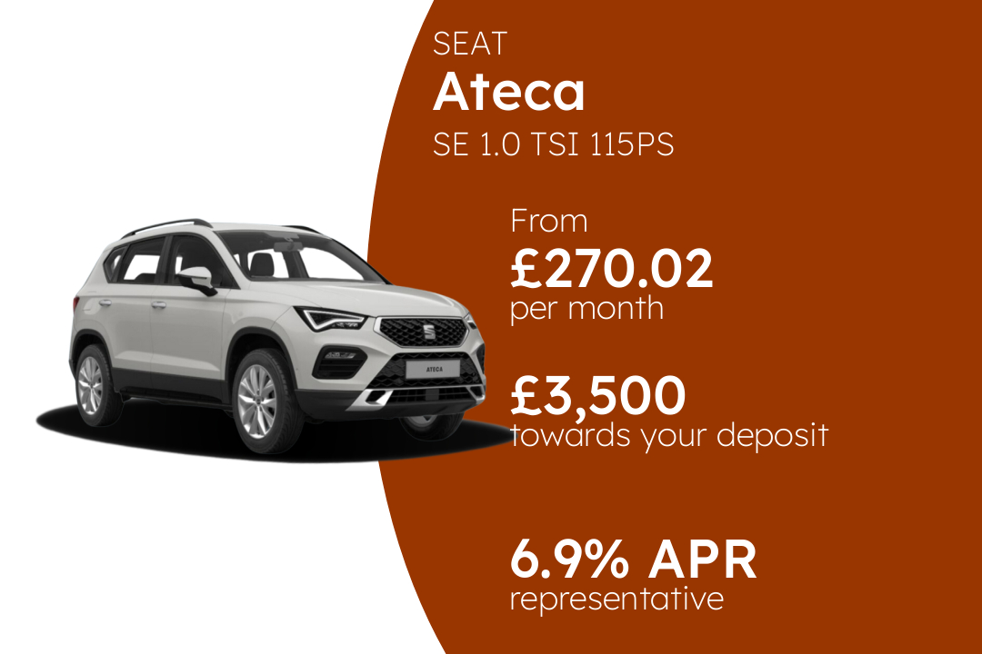 SEAT Ateca SE 1.0 TSI 115PS PCP Finance Offer From £270.02 Per Month. 6.90% APR Representative.