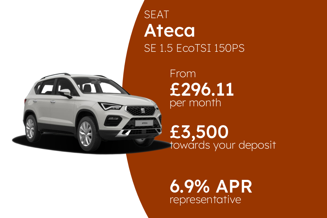 SEAT Ateca SE 1.5 EcoTSI 150PS PCP Finance Offer From £296.11 Per Month. 6.90% APR Representative.