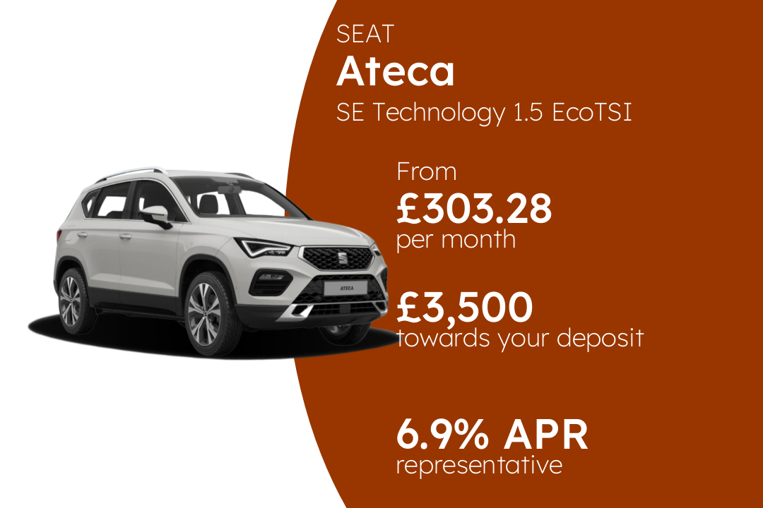 SEAT Ateca SE Technology 1.5 EcoTSI 150PS PCP Finance Offer From £303.28 Per Month. 6.90% APR Representative.