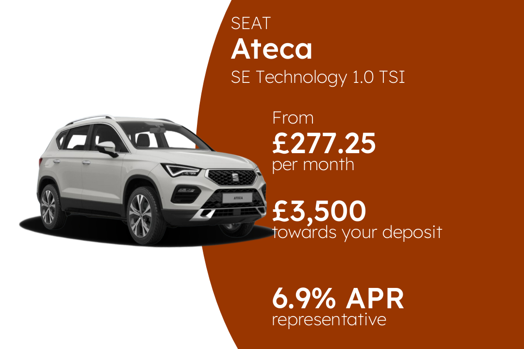 SEAT Ateca SE Technology 1.0 TSI 115PS PCP Finance Offer From £277.25 Per Month. 6.90% APR Representative.