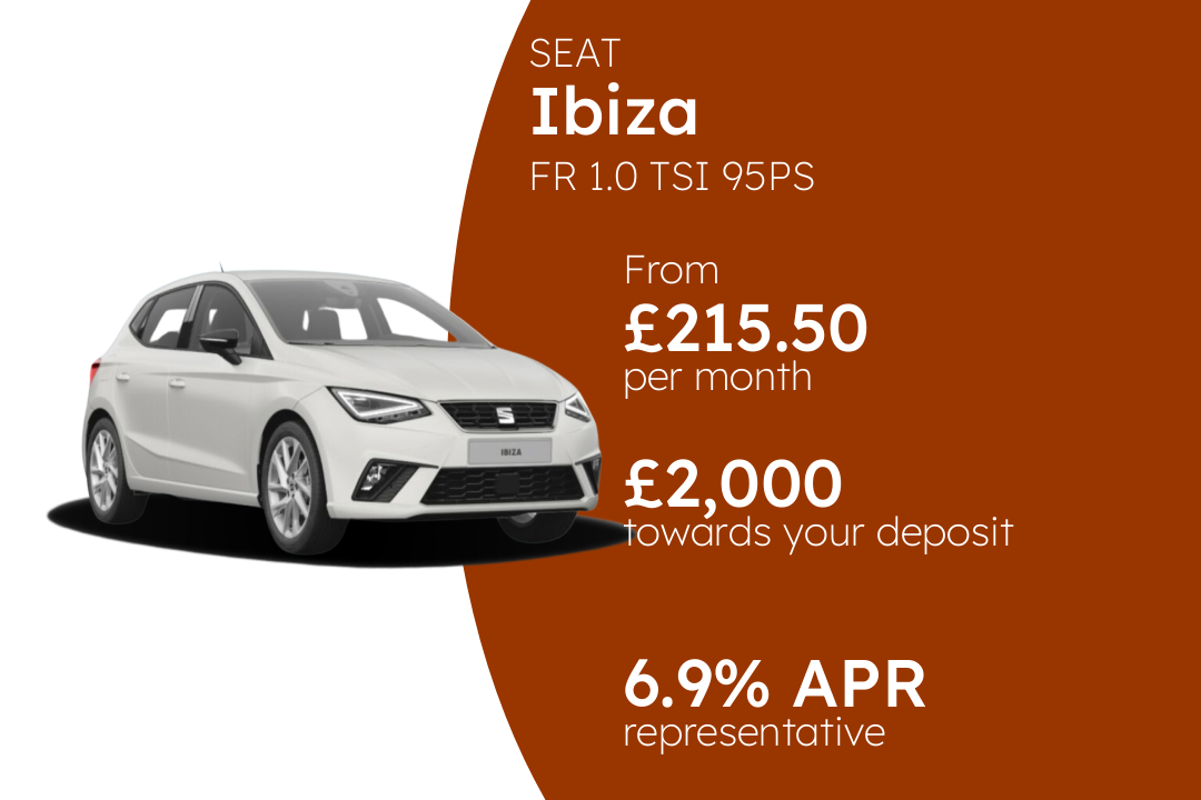 SEAT Ibiza FR 1.0 TSI 95PS PCP Finance Offer From £215.50 Per Month. 6.90% APR Representative.