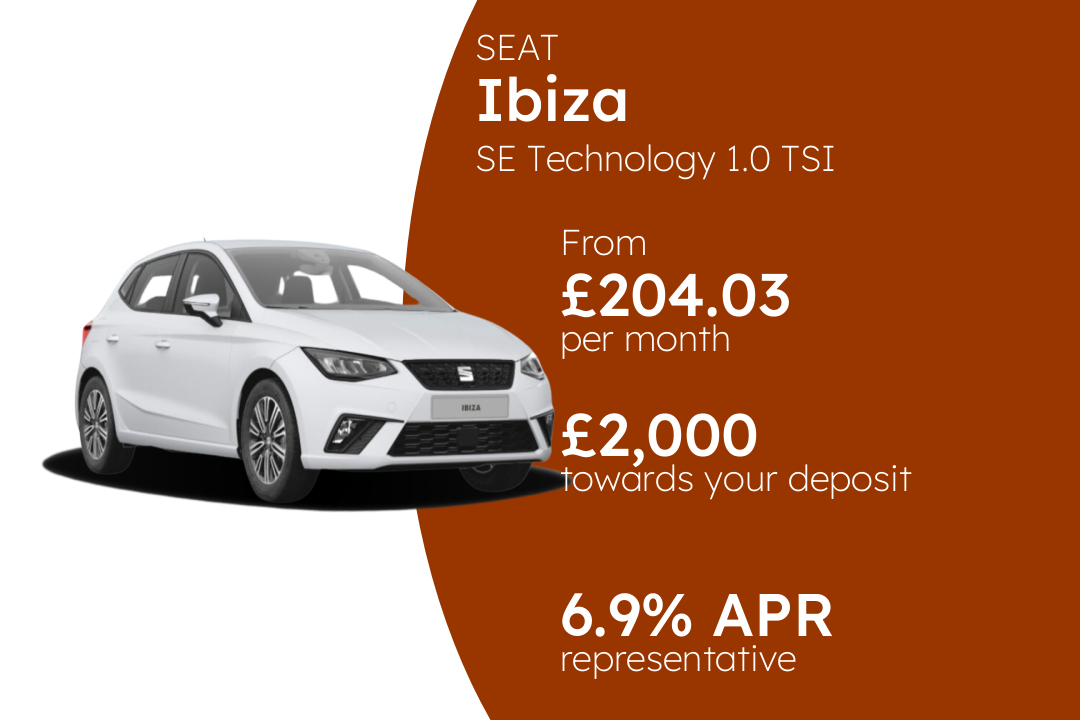 SEAT Ibiza SE Technology 1.0 TSI 95PS PCP Finance Offer From £204.03 Per Month. 6.90% APR Representative.