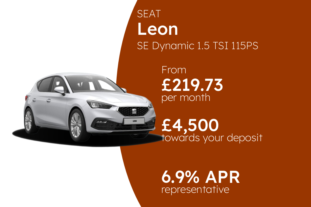 SEAT Leon SE Dynamic 1.5 TSI 115PS PCP Finance Offer From £219.73 Per Month. 6.90% APR Representative.