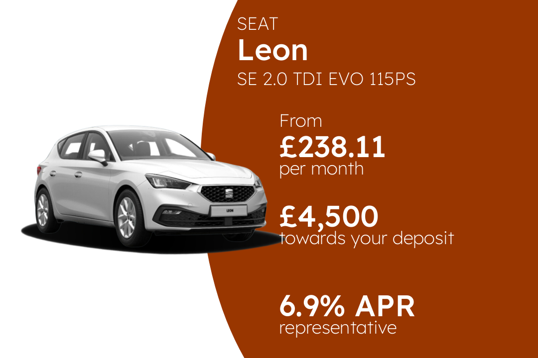 SEAT Leon SE 2.0 TDI EVO 115PS PCP Finance Offer From £238.11 Per Month. 6.90% APR Representative.