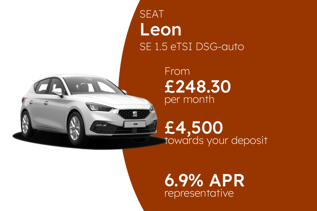 SEAT Leon SE 1.5 eTSI DSG-auto 115PS PCP Finance Offer From £248.30 Per Month. 6.90% APR Representative.