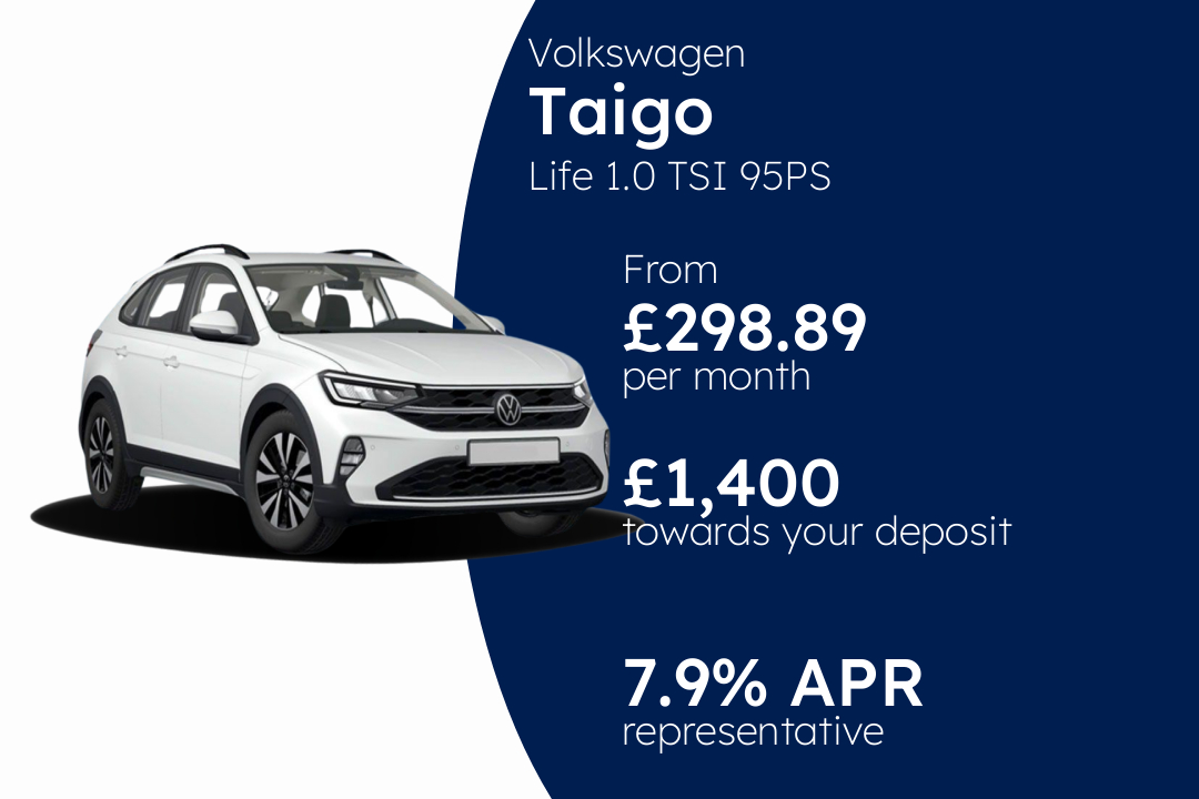 Volkswagen Taigo Life 1.0 TSI 95PS 5-speed manual 5 door PCP Finance Offer From £298.89 Per Month. 7.90% APR Representative.