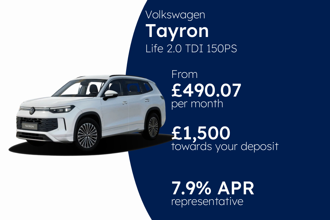 Volkswagen Tayron Life 2.0 TDI 150PS 7-Speed DSG 5 Door PCP Finance Offer From £490.07 Per Month. 7.90% APR Representative.
