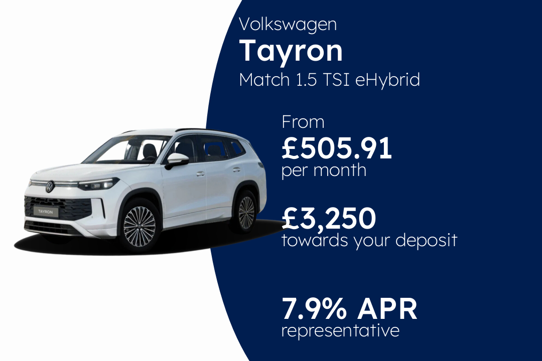 Volkswagen Tayron Match 1.5 TSI eHybrid 204PS 6-Speed DSG 5 Door PCP Finance Offer From £505.91 Per Month. 7.90% APR Representative.