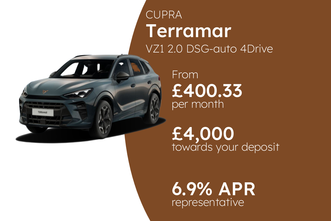 CUPRA Terramar VZ1 2.0 DSG-auto 4Drive 265PS PCP Finance Offer From £400.33 Per Month. 6.90% APR Representative.
