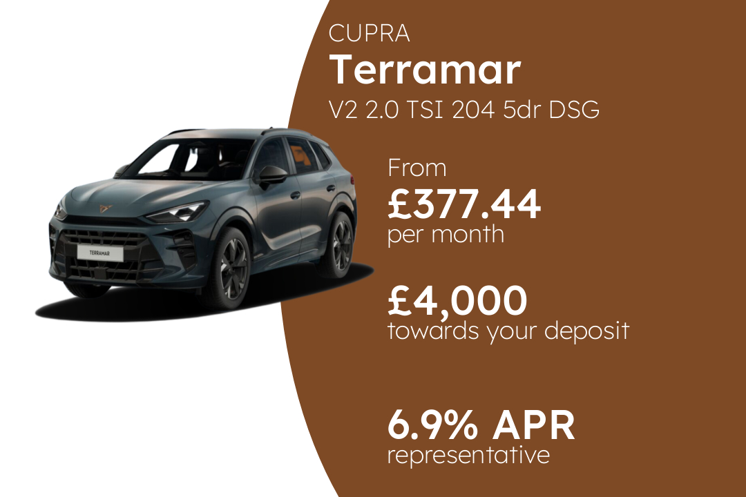 CUPRA Terramar V2 2.0 TSI 204 5dr DSG 4Drive PCP Finance Offer From £377.44 Per Month. 6.90% APR Representative.