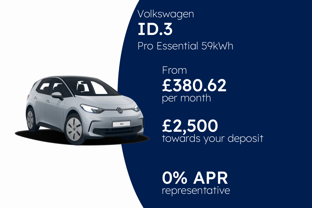 Volkswagen ID.3 Pro Essential 59kWh 204PS 1-speed automatic 5 Door PCP Finance Offer From £380.62 Per Month. 0.00% APR Representative.