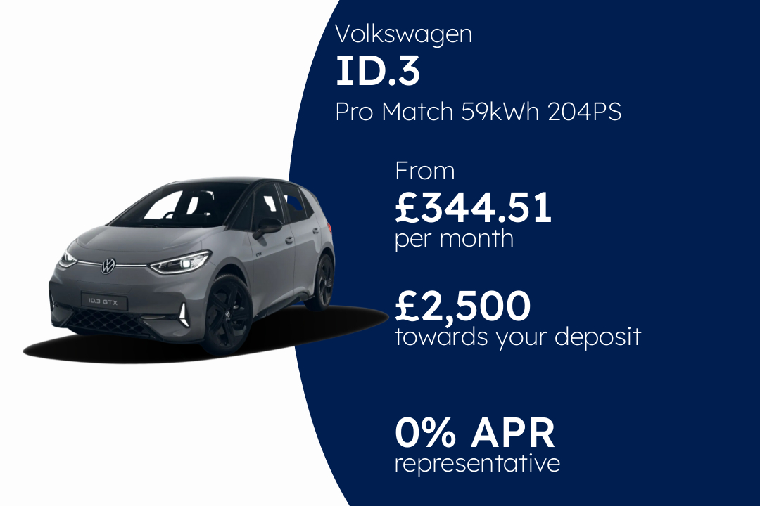 Volkswagen ID.3 Pro Match 59kWh 204PS 1-speed automatic 5 Door PCP Finance Offer From £344.51 Per Month. 0.00% APR Representative.