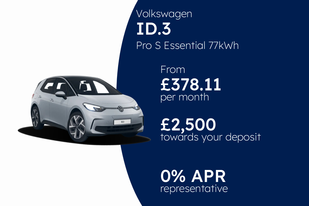 Volkswagen ID.3 Pro S Essential 77kWh 204PS 1-speed automatic 5 Door PCP Finance Offer From £378.11 Per Month. 0.00% APR Representative.