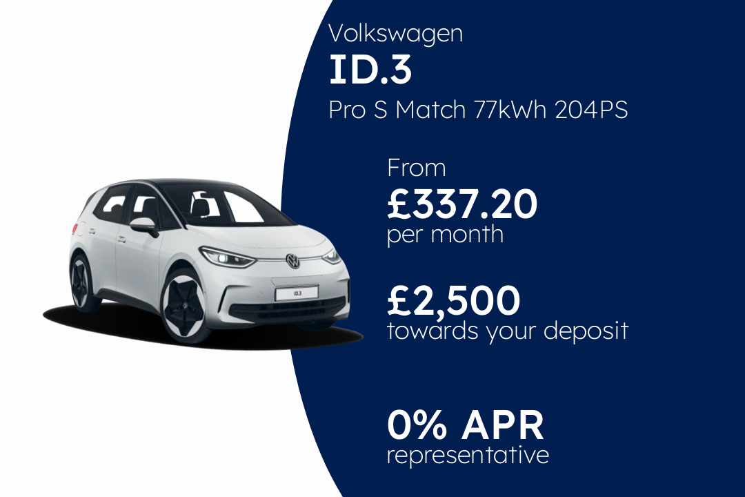 Volkswagen ID.3 Pro S Match 77kWh 204PS 1-speed automatic 5 Door PCP Finance Offer From £337.20 Per Month. 0.00% APR Representative.