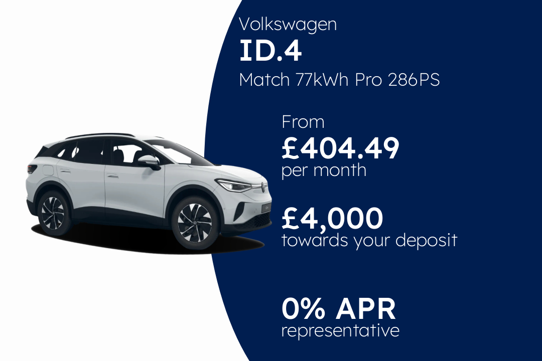 Volkswagen ID.4 Match 77kWh Pro 286PS 1-speed automatic 5 Door PCP Finance Offer From £404.49 Per Month. 0.00% APR Representative.