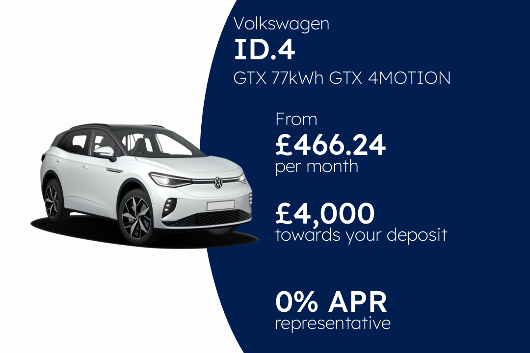 Volkswagen ID.4 GTX 77kWh GTX 4MOTION 340PS 1-speed automatic 5 Door PCP Finance Offer From £466.24 Per Month. 0.00% APR Representative.