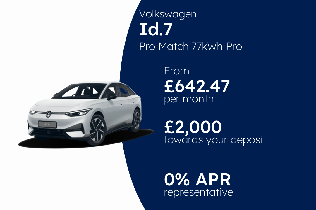 Volkswagen ID.7 Pro Match 77kWh Pro 286PS 1-speed automatic 5 Door PCP Finance Offer From £642.47 Per Month. 0.00% APR Representative.