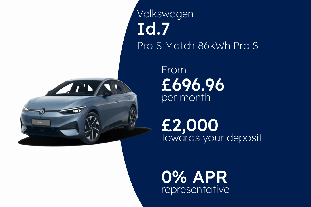 Volkswagen ID.7 Pro S Match 86kWh Pro S 286PS 1-speed automatic 5 Door PCP Finance Offer From £696.96 Per Month. 0.00% APR Representative.