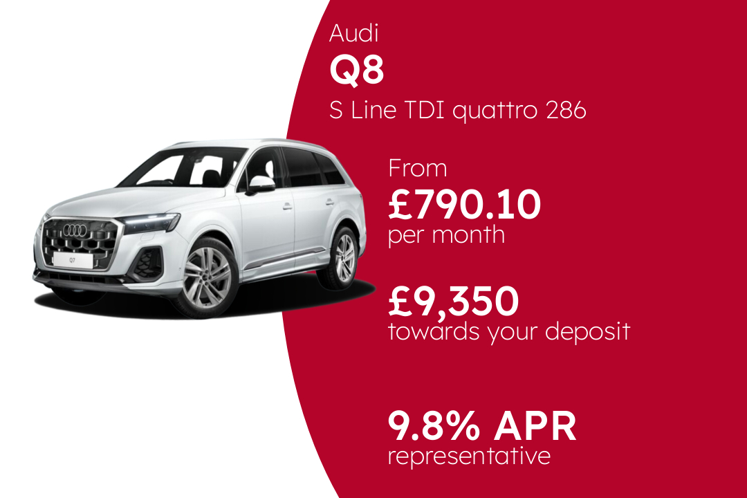 Audi Q8 S Line TDI quattro 286 PS S Tronic PCP Finance Offer From £790.10 Per Month. 9.80% APR Representative.