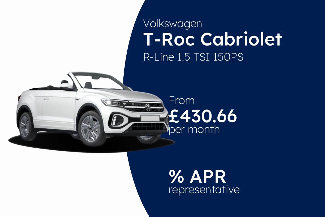 Volkswagen T-Roc Cabriolet R-Line 1.5 TSI 150PS 7-speed DSG 2 Door BCH Finance Offer From £430.66 Per Month.