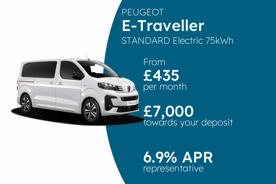 PEUGEOT E-Traveller STANDARD Electric 75kWh 100 Allure PCP Finance Offer From £435 Per Month. 6.90% APR Representative.