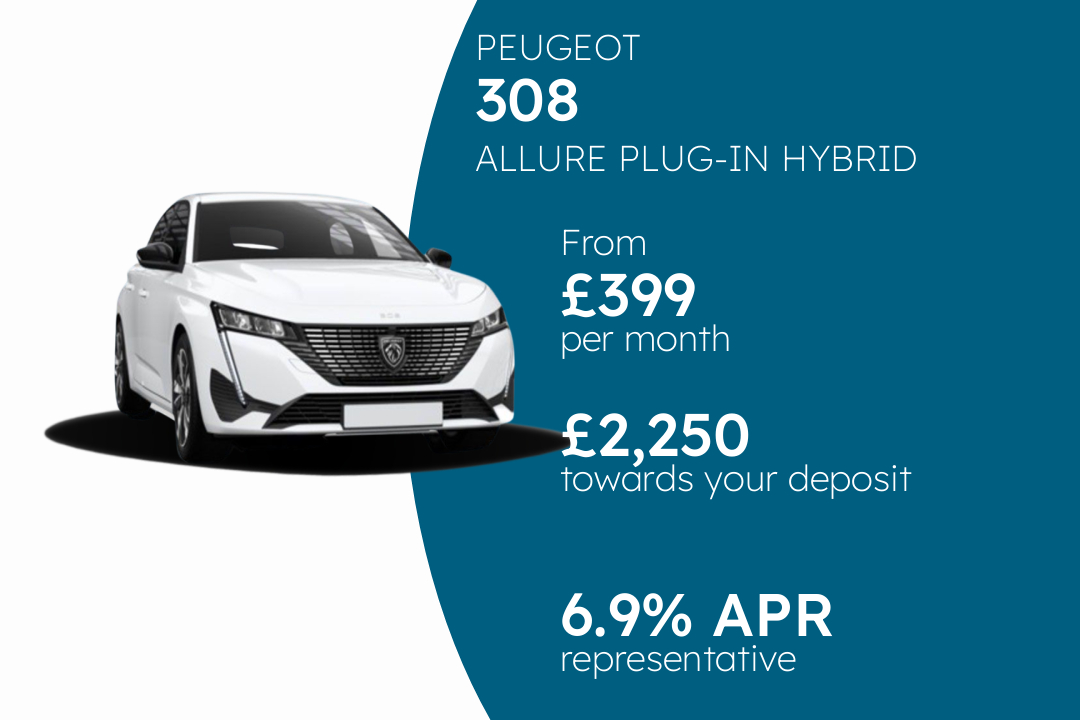 PEUGEOT 308 ALLURE PLUG-IN HYBRID 195 E-DSC7 PCP Finance Offer From £399 Per Month. 6.90% APR Representative.