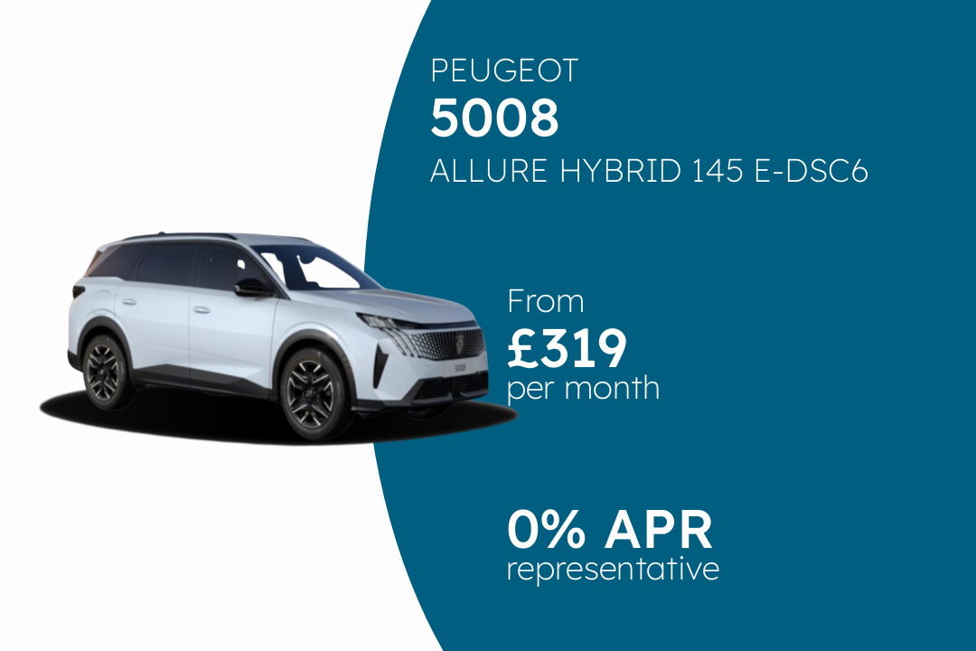 PEUGEOT 5008 ALLURE HYBRID 145 E-DSC6 PCP Finance Offer From £319 Per Month. 0% APR Representative.
