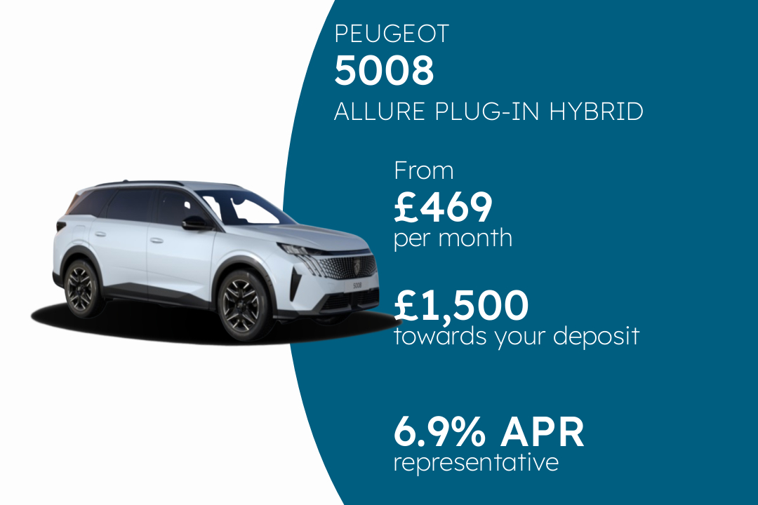 PEUGEOT 5008 ALLURE PLUG-IN HYBRID 195 E-DSC7 PCP Finance Offer From £469 Per Month. 6.90% APR Representative.