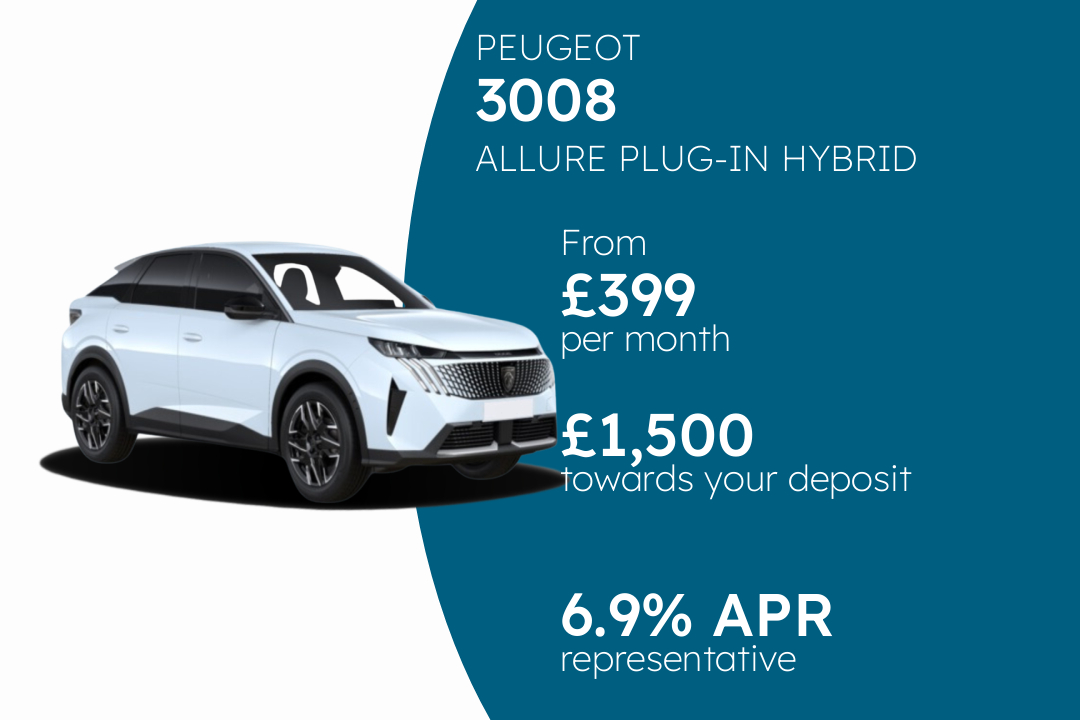 PEUGEOT 3008 ALLURE PLUG-IN HYBRID 195 E-DSC7 PCP Finance Offer From £399 Per Month. 6.90% APR Representative.