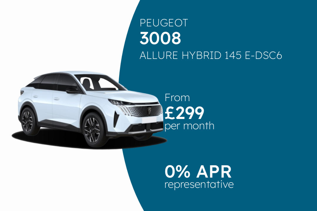 PEUGEOT 3008 ALLURE HYBRID 145 E-DSC6 PCP Finance Offer From £299 Per Month. 0.00% APR Representative.
