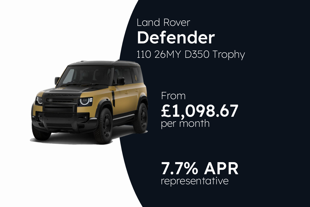 Land Rover Defender 110 26MY D350 Trophy Edition PCP Finance Offer From £1,098.67 Per Month. 7.70% APR Representative.